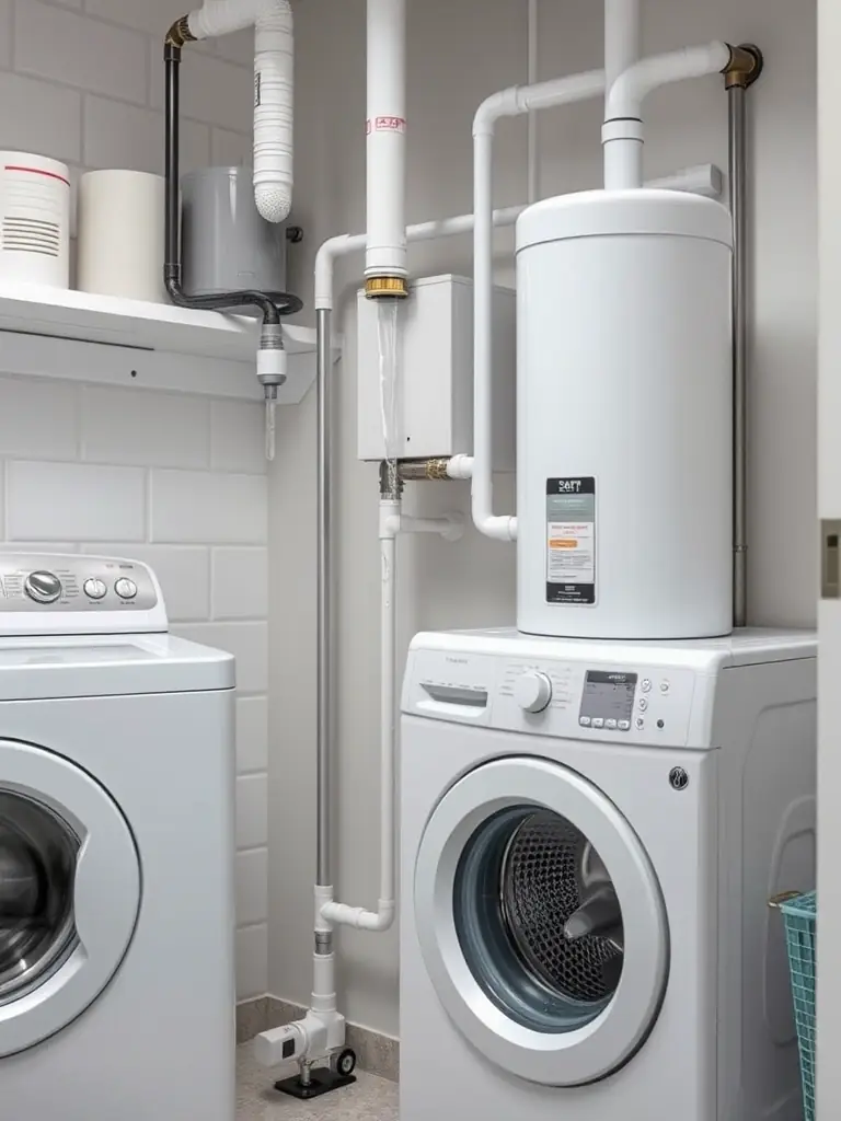 An image of a water softener unit installed next to a washing machine, with soft water flowing, demonstrating its role in protecting appliances and improving water quality.