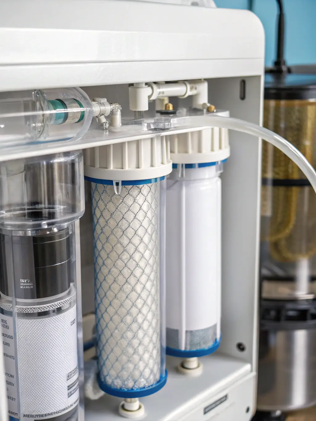 A close-up of a reverse osmosis membrane system with clear water being filtered into a glass, emphasizing the purity and clarity of the water produced.
