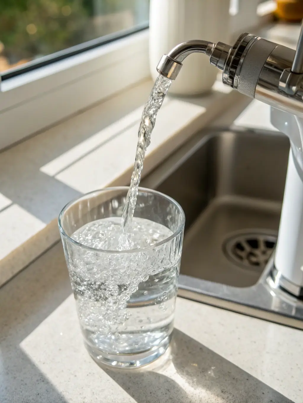 A close-up of a reverse osmosis membrane system with clear water being filtered into a glass, emphasizing the purity and clarity of the water produced.