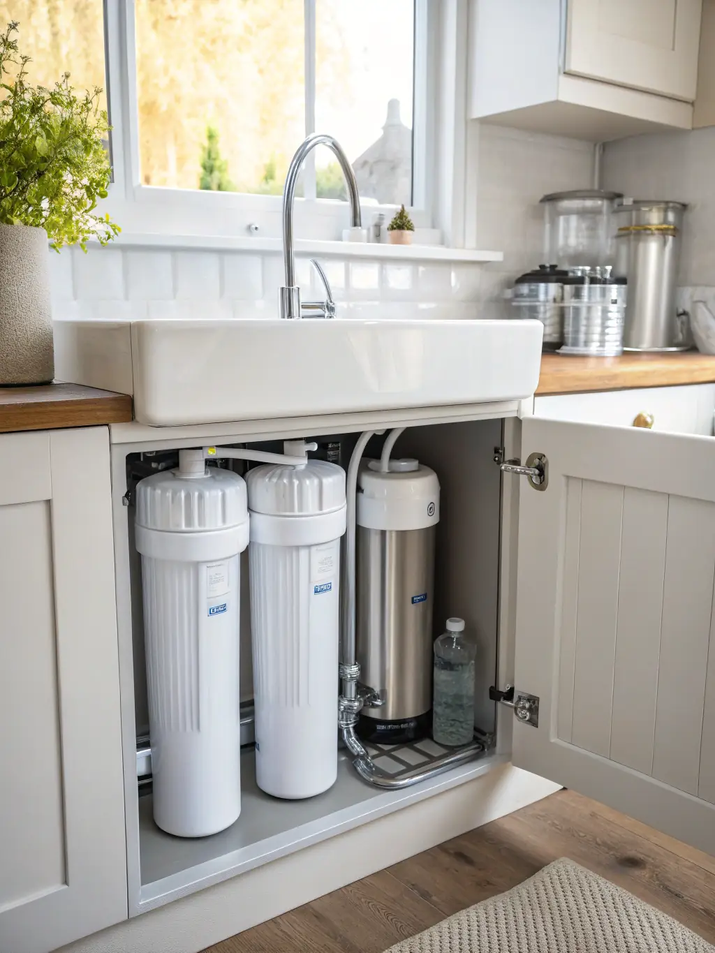 A modern water filtration unit installed under a kitchen sink, showcasing clean and clear water flow, highlighting its compact design and ease of integration into a home.