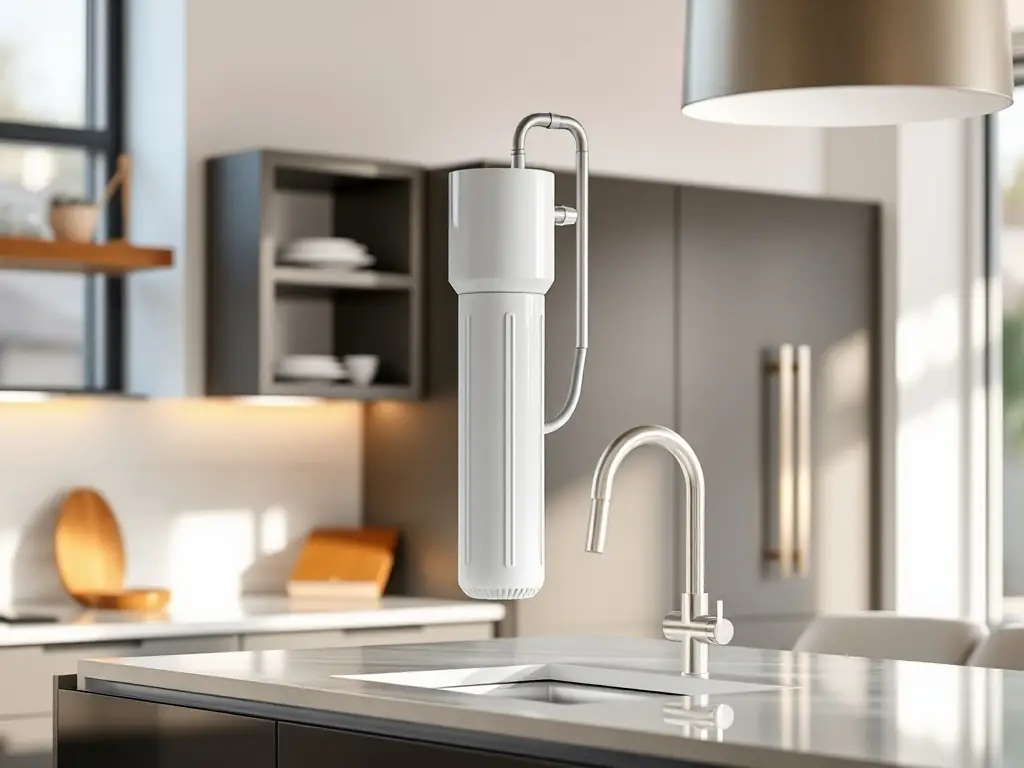 A modern water filtration system installed in a residential kitchen, showcasing its sleek design and functionality. The focus is on clean water flowing from the tap.