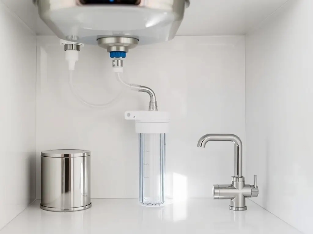 A reverse osmosis system installed under a kitchen sink, highlighting its compact design and the purified water being dispensed into a glass.