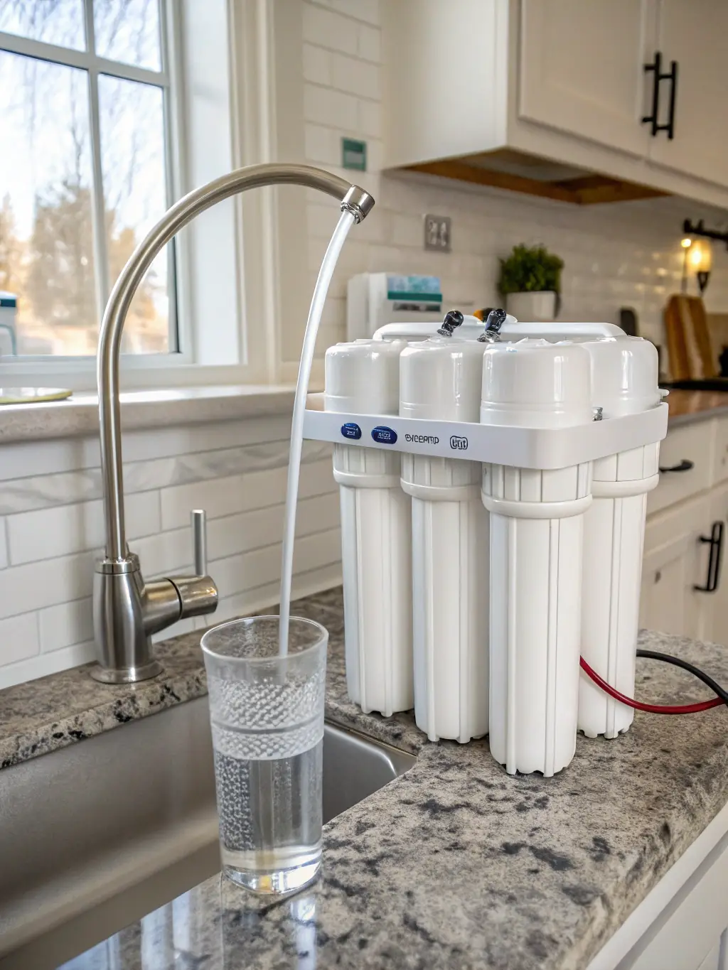 An image of a modern water filtration unit installed under a kitchen sink, showcasing clean and clear water flow, highlighting its compact design and ease of integration into a home.