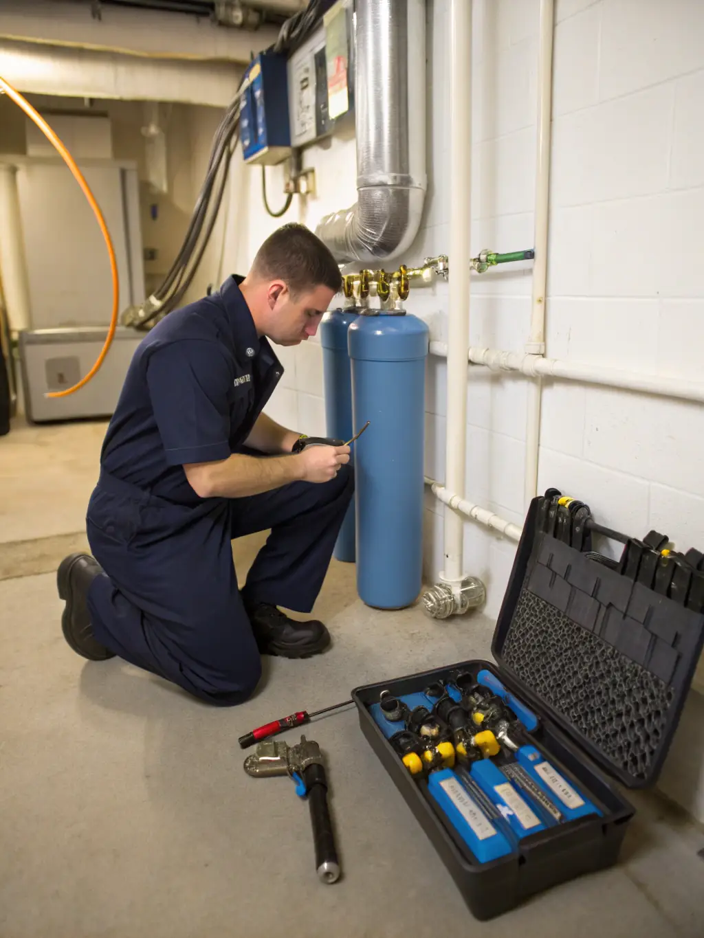 A Texan Water Solutions technician performing maintenance on a water treatment system in a residential setting, showcasing the company's commitment to professional service and customer care.
