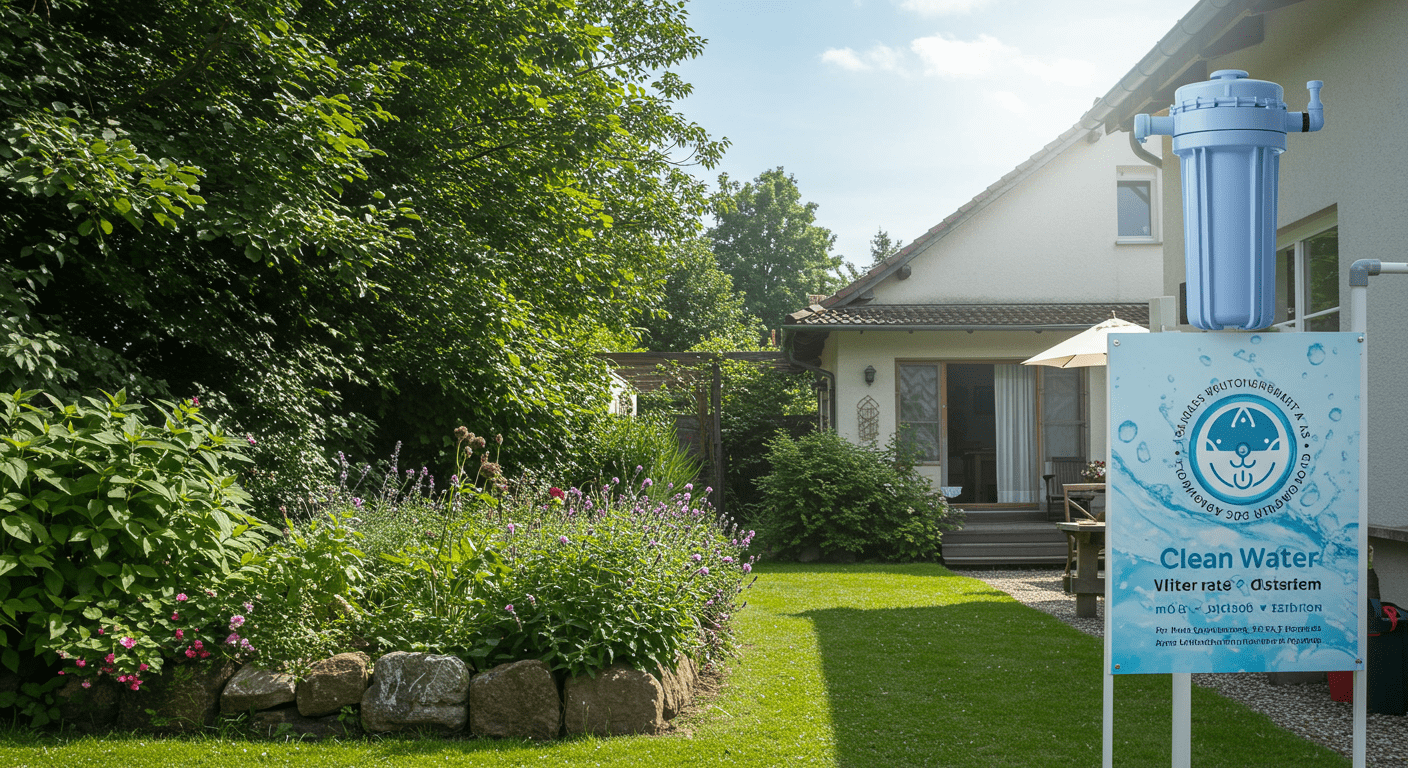 A serene outdoor scene with a home and a garden, highlighting the importance of clean water for both indoor and outdoor use, with a subtle hint of the water filtration system in the background.