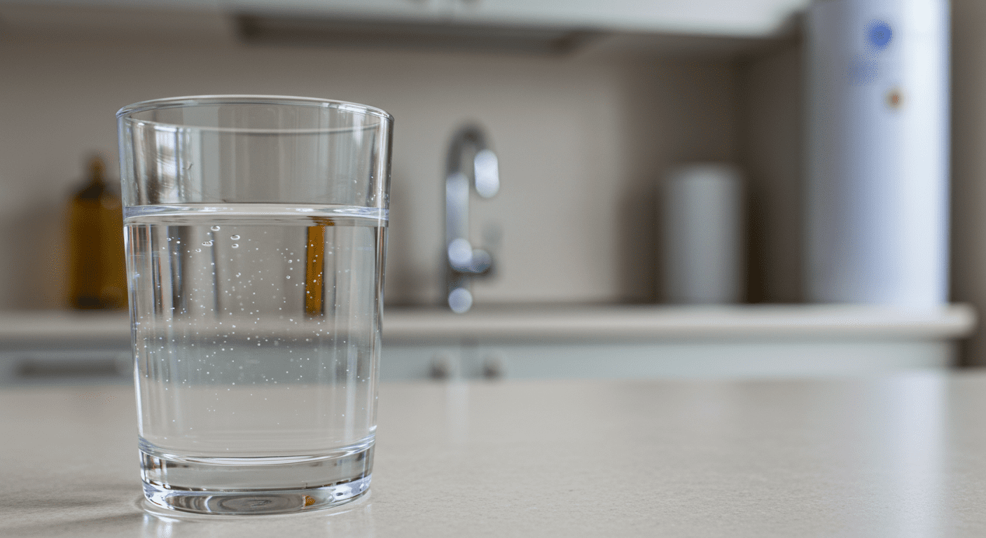 A close-up shot of a clear glass filled with pristine, sparkling water, placed on a kitchen countertop. The background features a modern kitchen with a water filtration system visible under the sink.