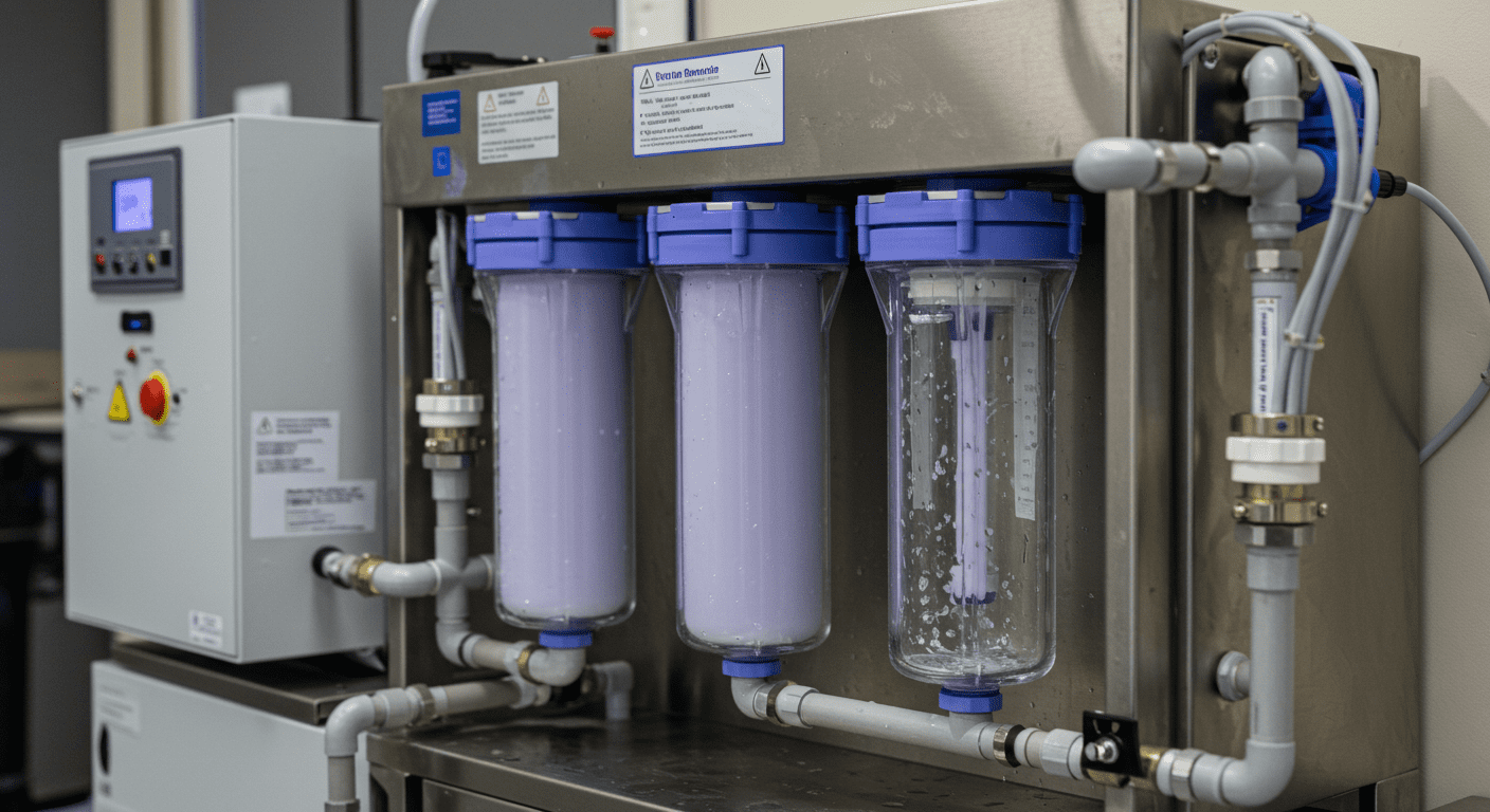 A close-up shot of a modern commercial water filtration system installed in a business setting, with water flowing through clear filters showcasing the filtration process.