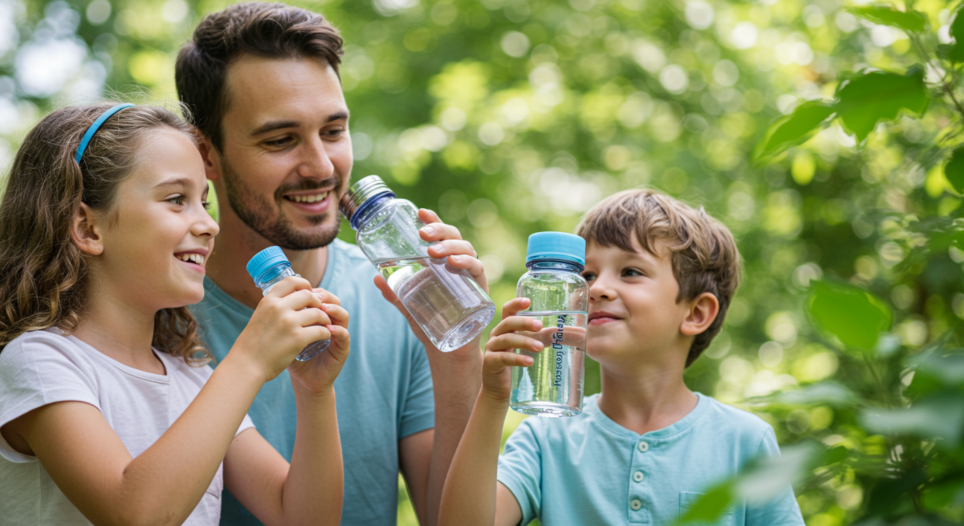 A family happily drinking water from a reusable bottle filled with filtered water, surrounded by greenery.