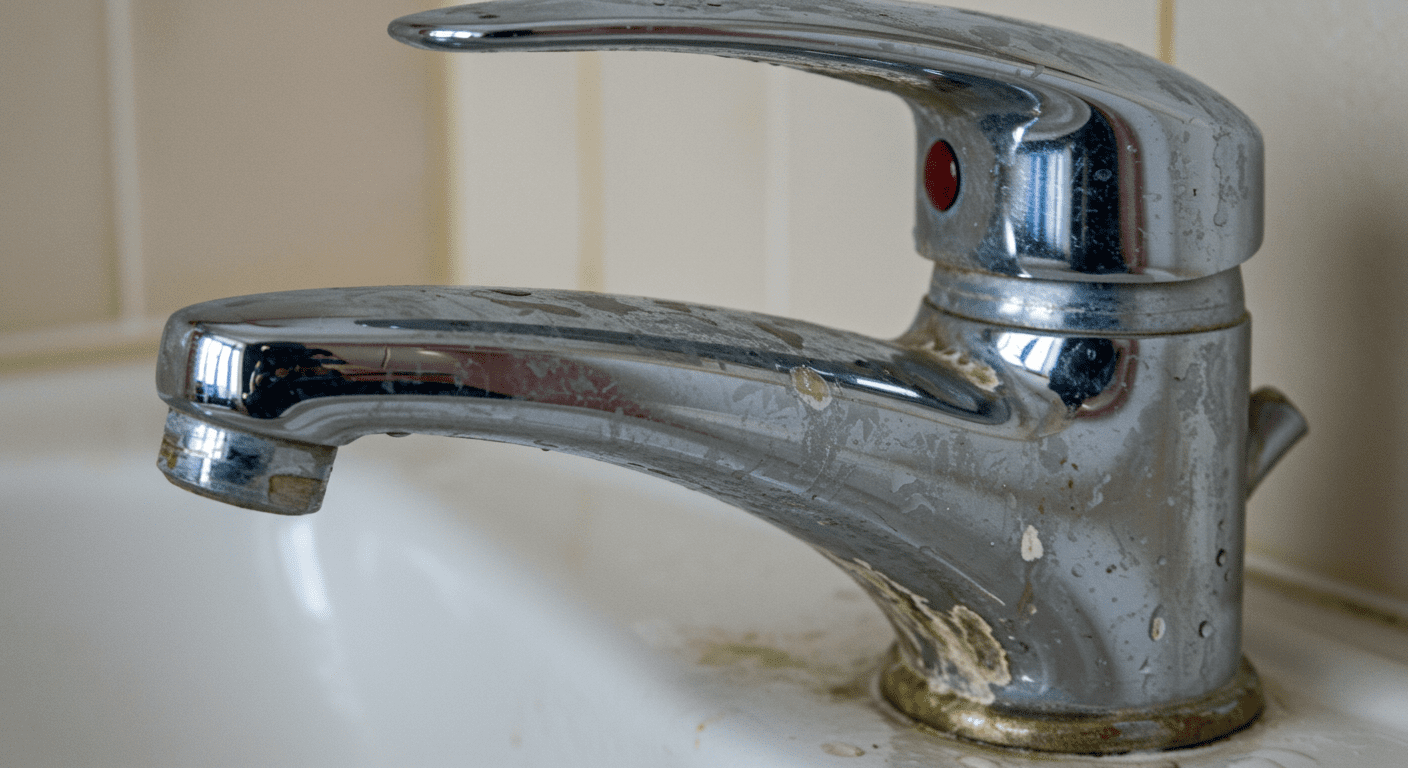 A close-up of a faucet with hard water stains and mineral buildup on the sink and faucet. The image captures the stark contrast between the clean areas and the stained surfaces.