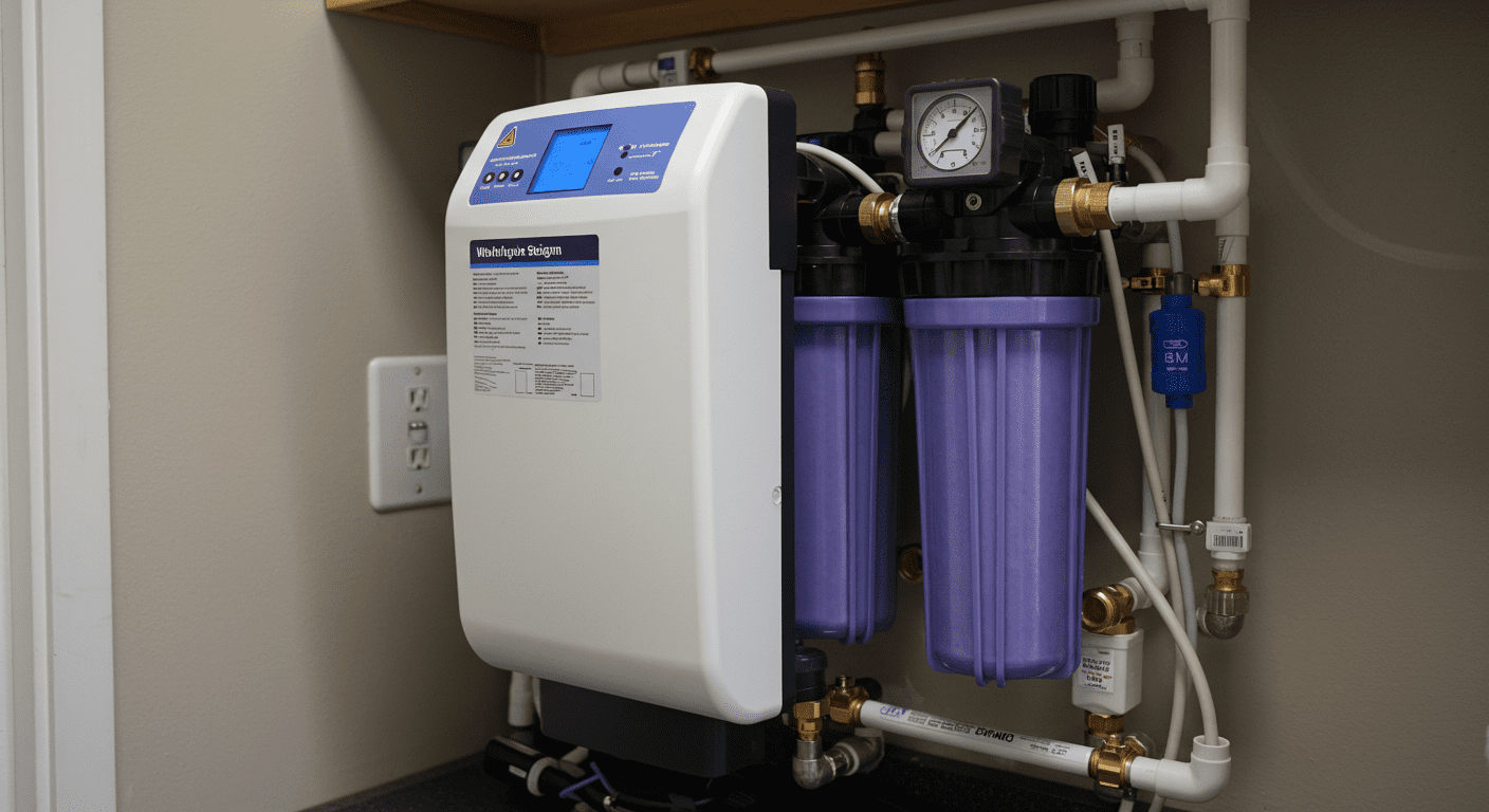 A close-up shot of a modern whole home filtration system installed in a utility room, showcasing its sleek design and various components.