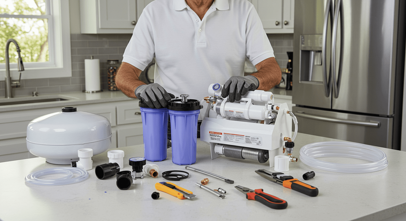 A technician installing a water filtration system in a home, with tools and the system components laid out.