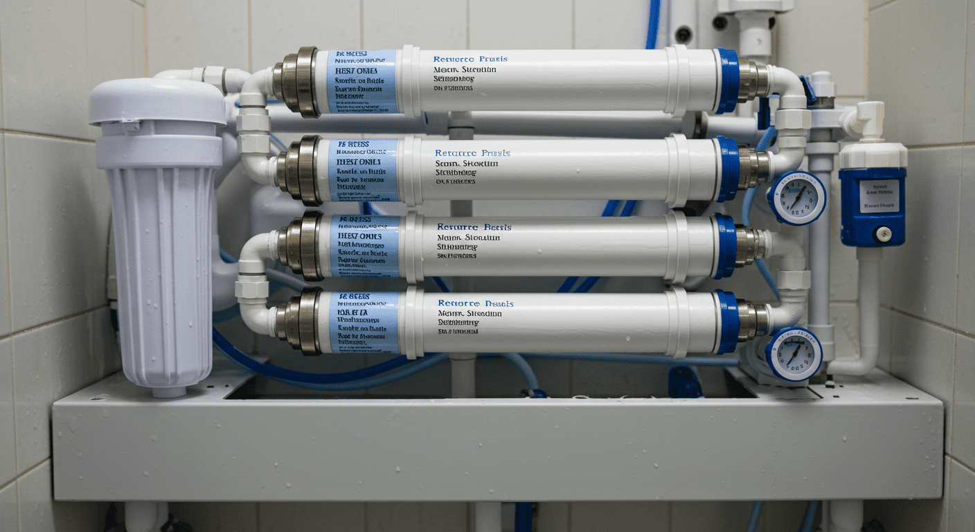 A detailed view of a reverse osmosis system with clear water flowing through the filtration process. The image captures the technology's intricacies and effectiveness in purifying water.
