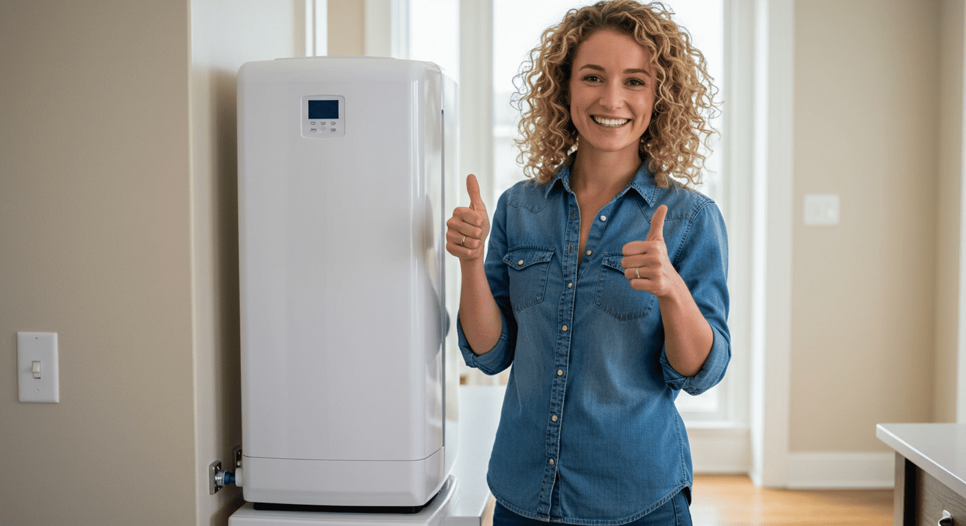 A satisfied customer standing next to their installed water filtration system, giving a thumbs up with a smile.