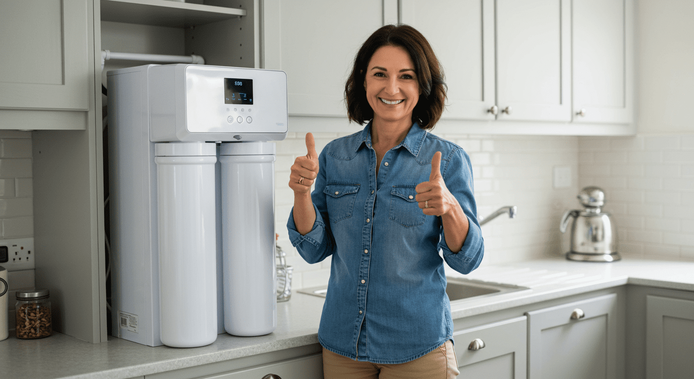 A satisfied customer giving a thumbs up next to a newly installed water system in their home.