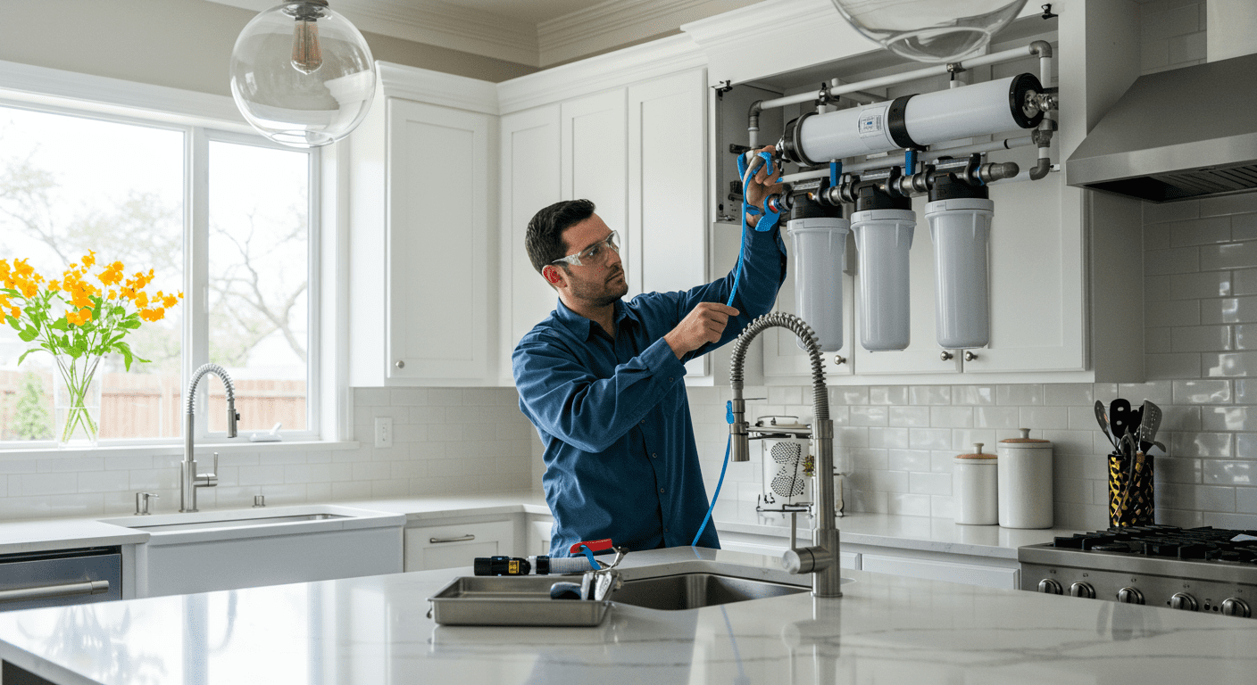 A professional technician installing a modern water filtration system in a residential kitchen, showcasing the intricate details of the system.