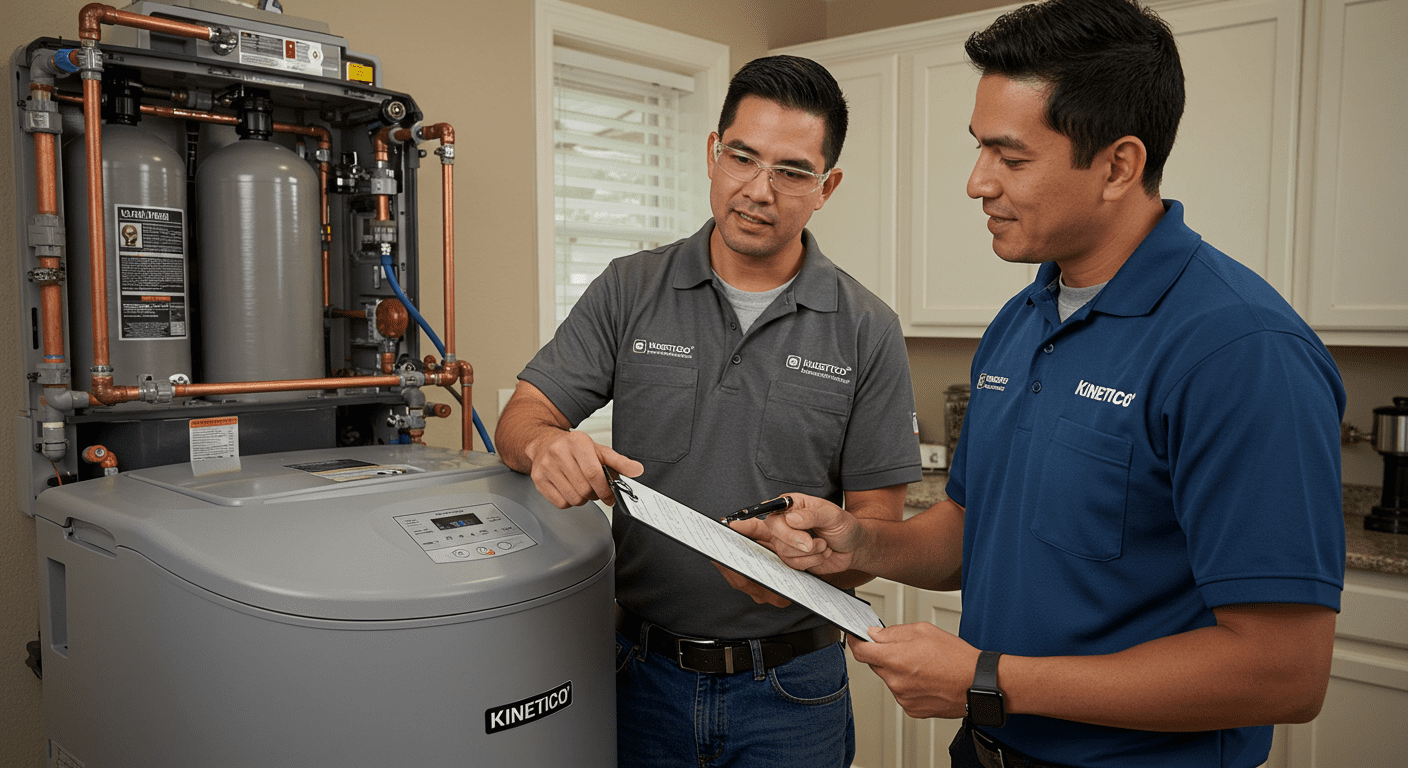 A technician discussing repair options with a homeowner, with a Kinetico water softener in the background. The scene captures a friendly and professional interaction.