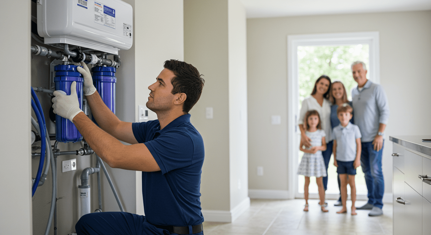 A technician installing a water filtration system in a home, with a family observing happily in the background, showcasing the ease of installation and customer satisfaction.