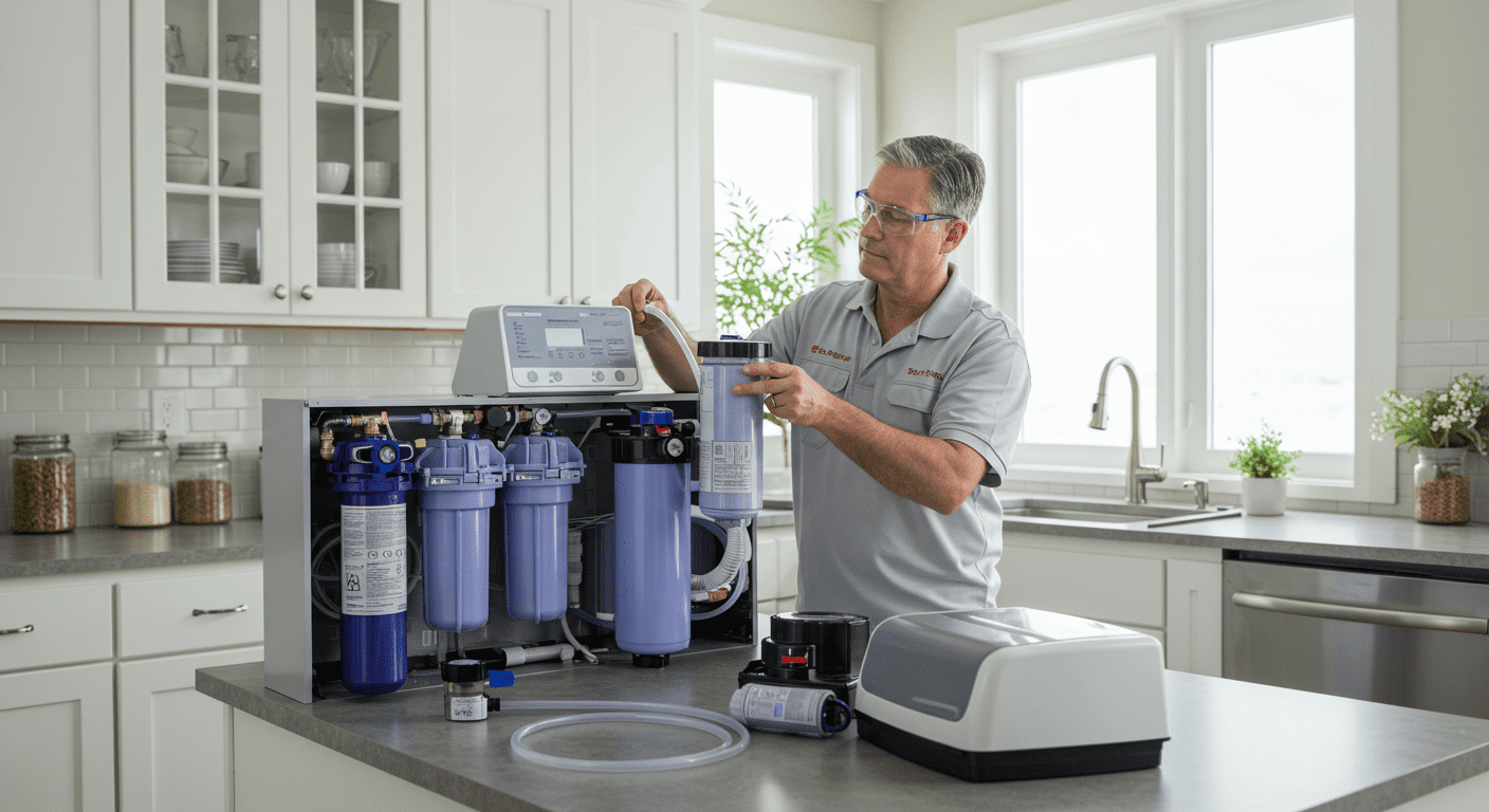 A technician installing a modern water conditioning system in a residential setting, showcasing the equipment and the installation process.