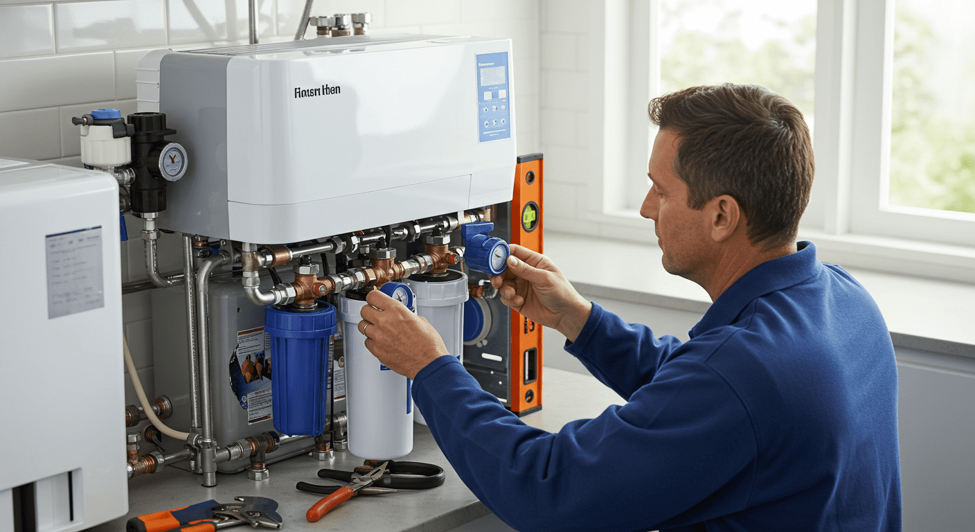 A technician installing a modern water conditioning system in a home setting, showcasing the equipment and tools used.
