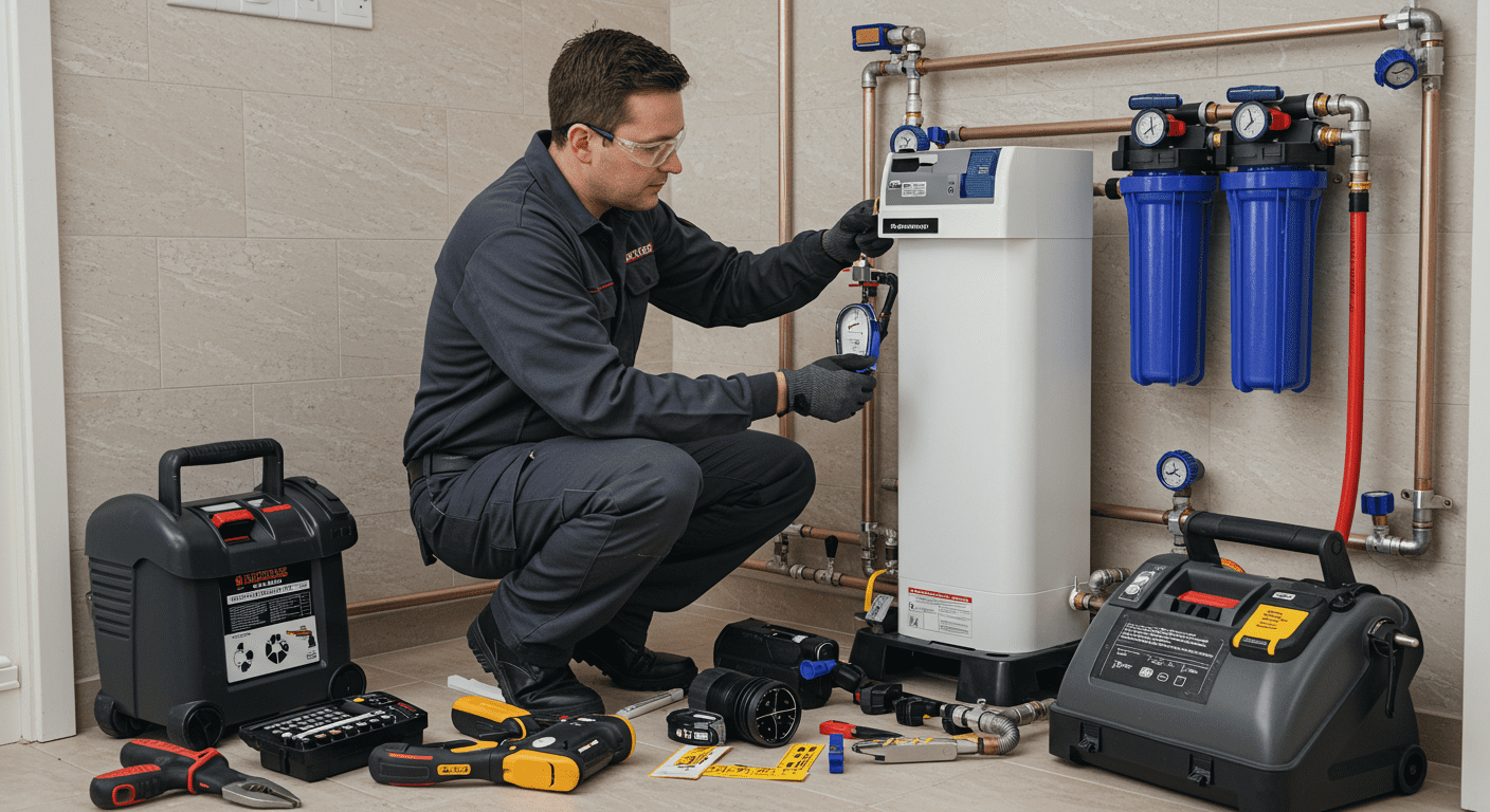 A professional technician installing a water filtration system in a home setting, with tools and equipment neatly arranged, emphasizing the installation process.