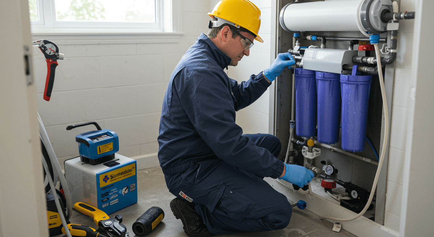 A technician professionally installing a water filtration system in a home, with tools and equipment around, demonstrating the process of improving water quality.
