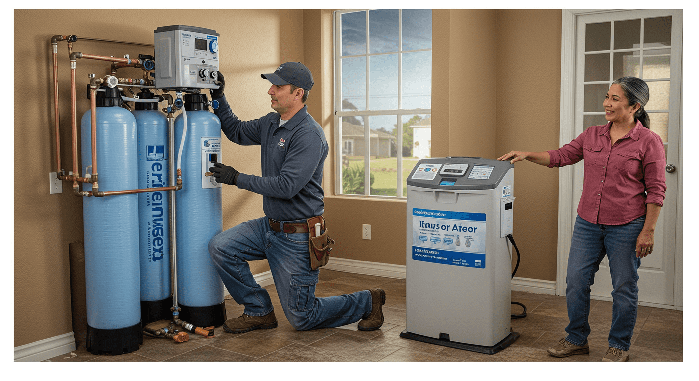 A technician installing a water softener system in a home setting, showcasing the equipment and the homeowner observing with satisfaction. The environment reflects a typical Corpus Christi home.