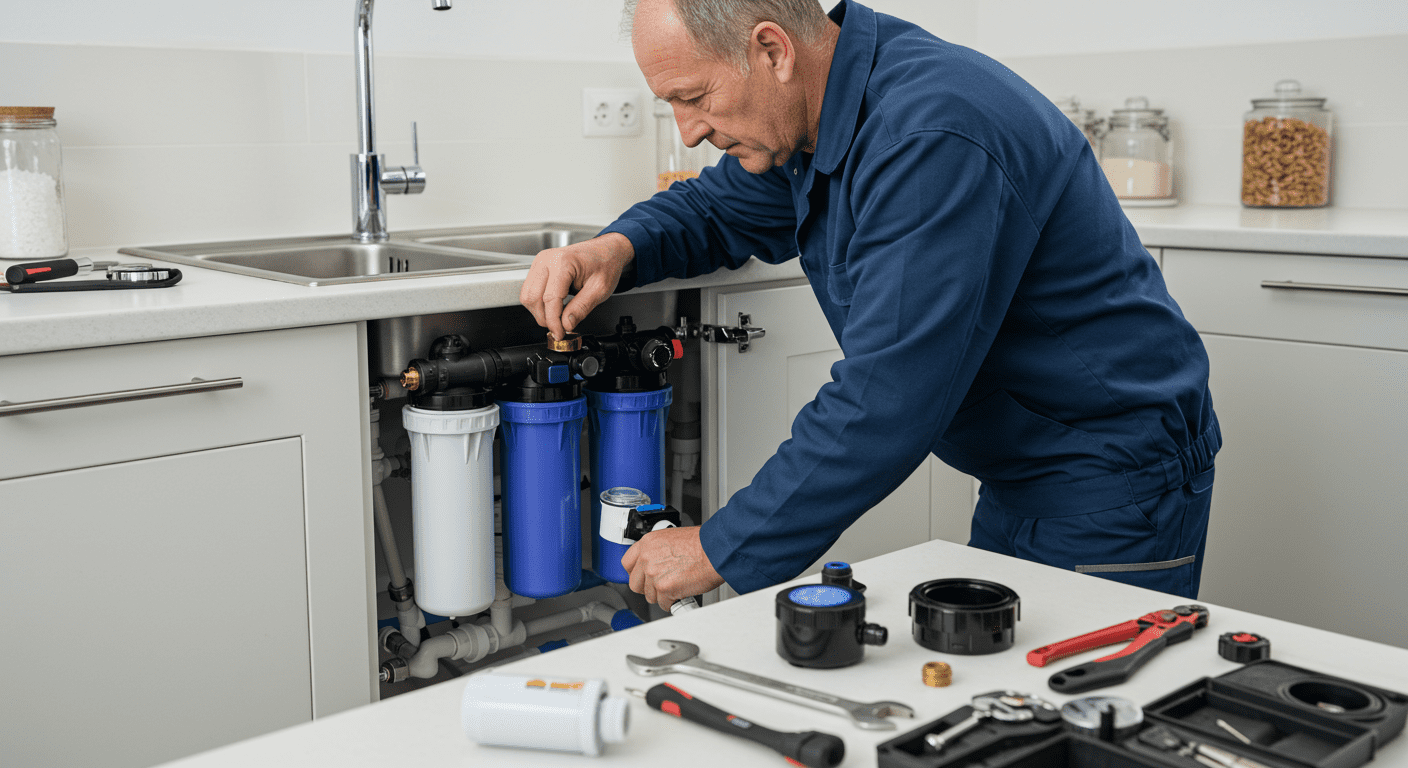 A technician installing a water filtration system under a kitchen sink, with tools and equipment neatly arranged.