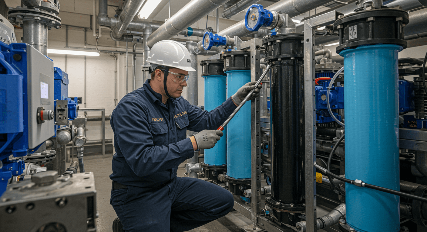 An industrial technician performing maintenance on a water filtration system. The technician is inspecting the equipment, with tools and parts visible, highlighting the importance of upkeep for efficiency and safety.